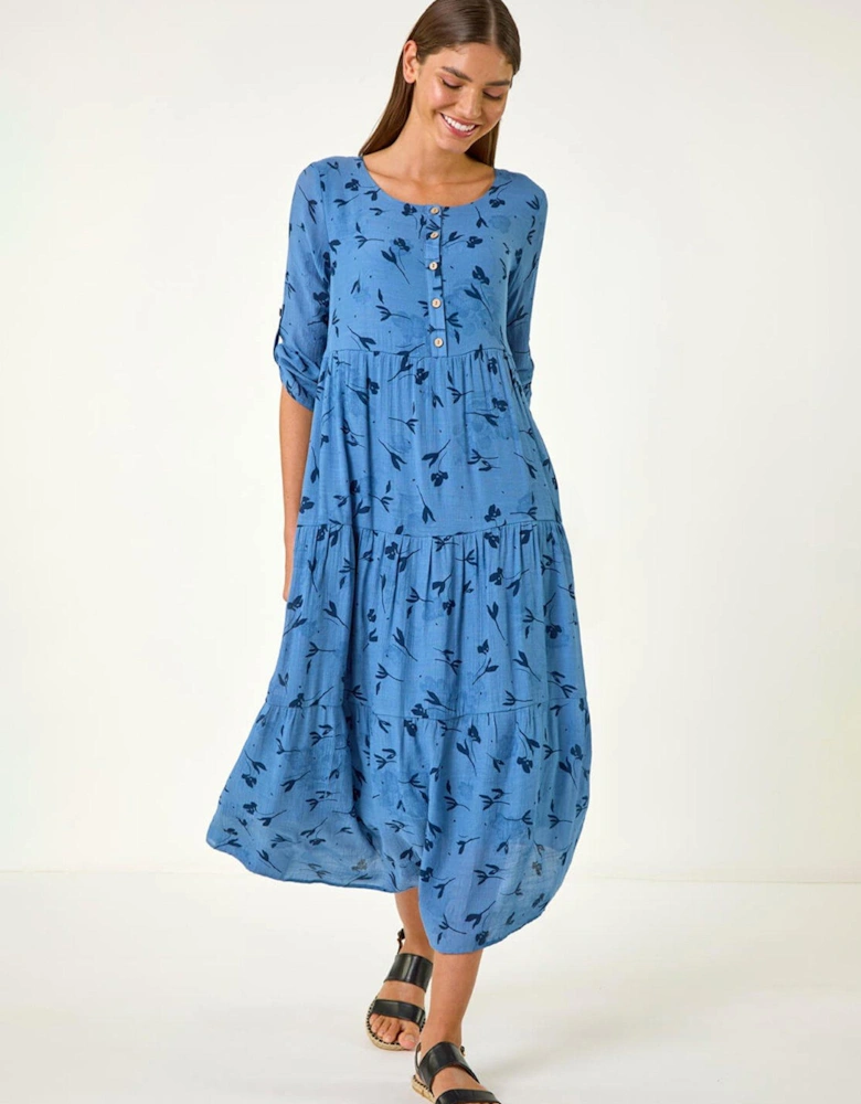 Floral Print Button Midi Dress - Blue