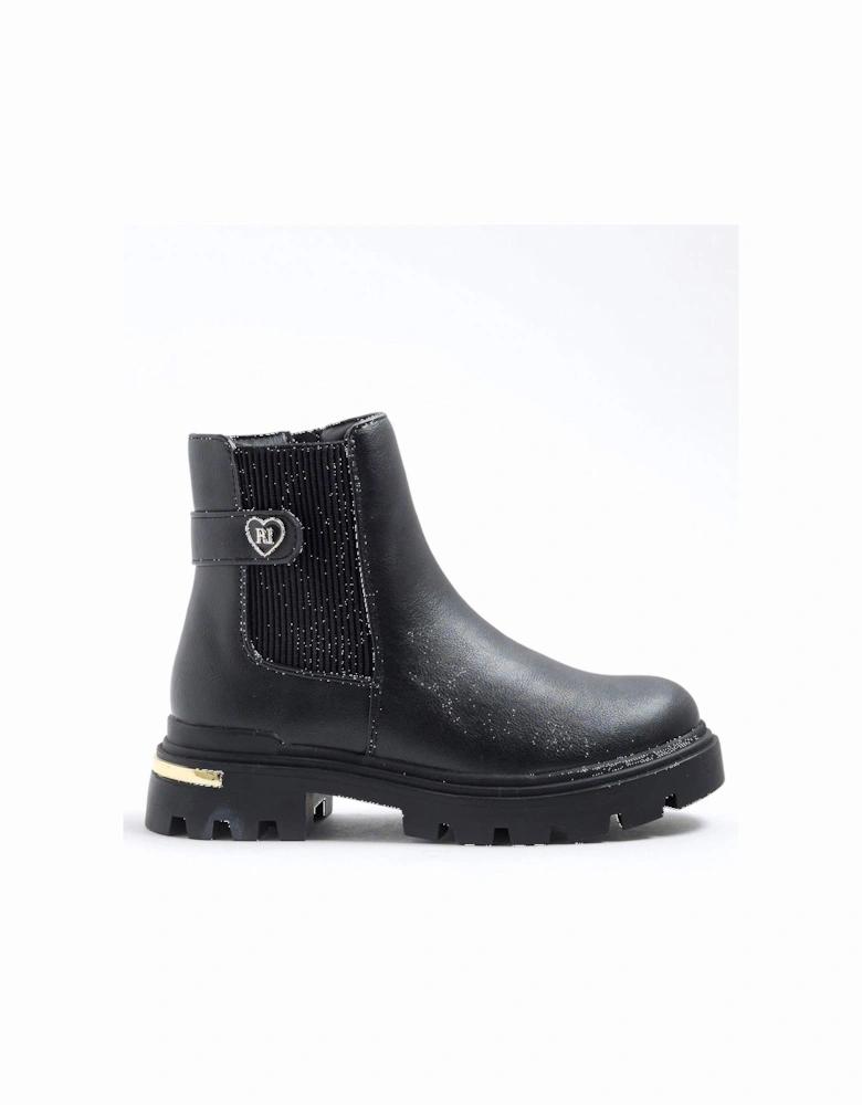 Older Girls Heart Strap Chelsea Boots - Black