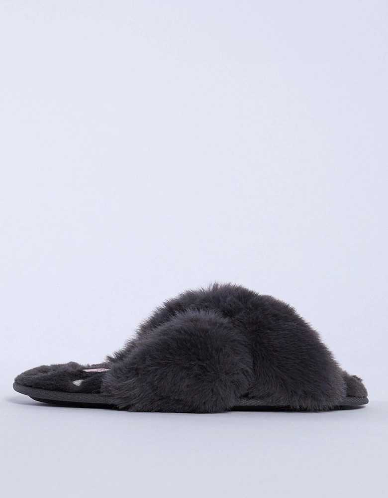 Heart Embroidered Crossband Slipper - Charcoal