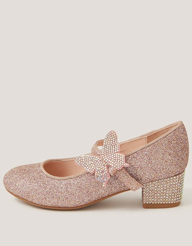 Girls Glitter Sparkle Butterfly Heel Shoes - Pink