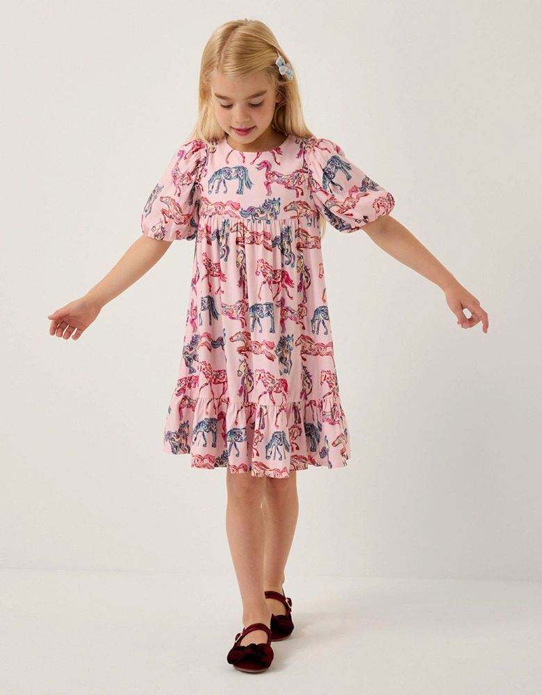 Girls Viscose Horse Print Dress - Pink