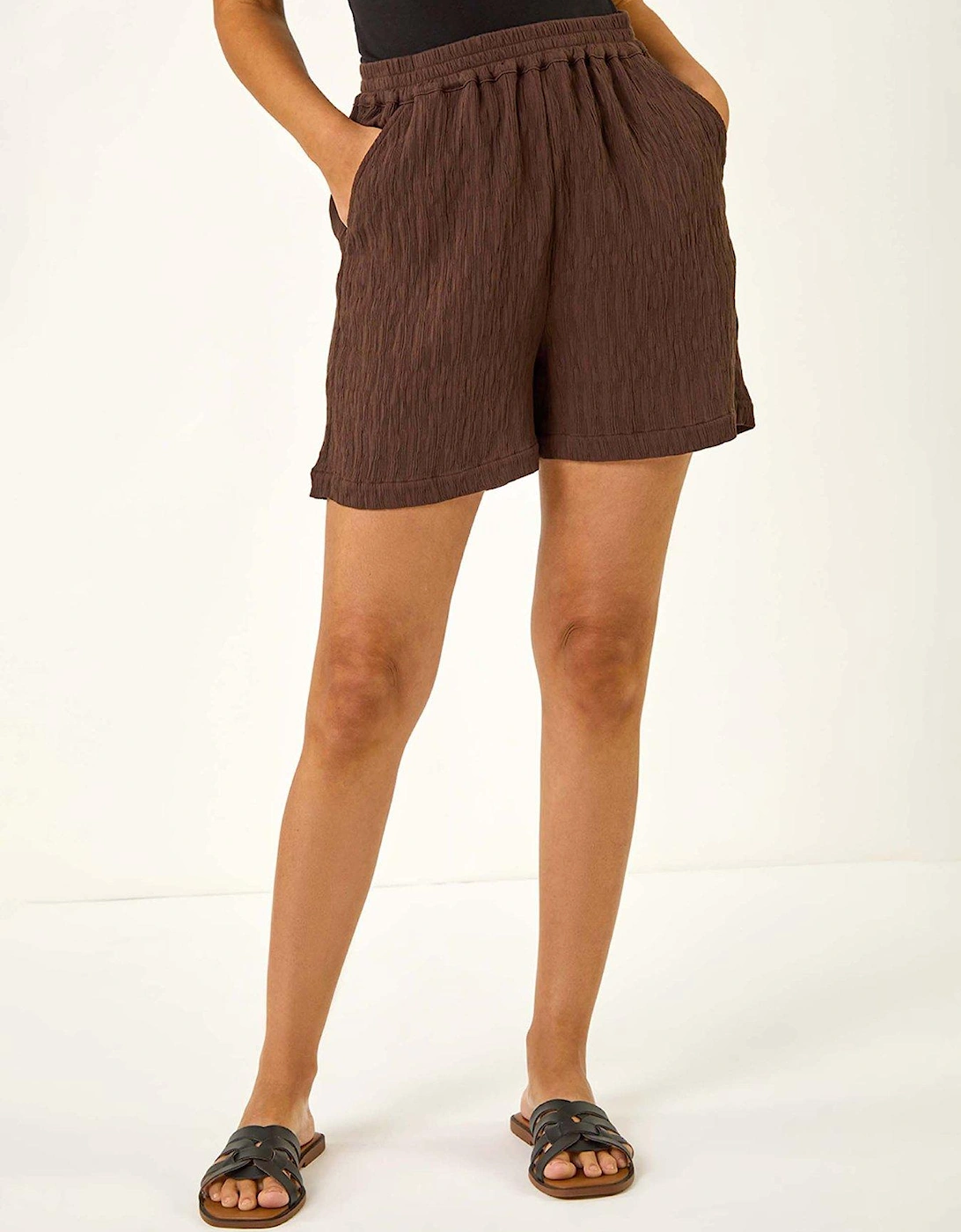 Textured Elastic Waist Woven Shorts - Brown, 2 of 1