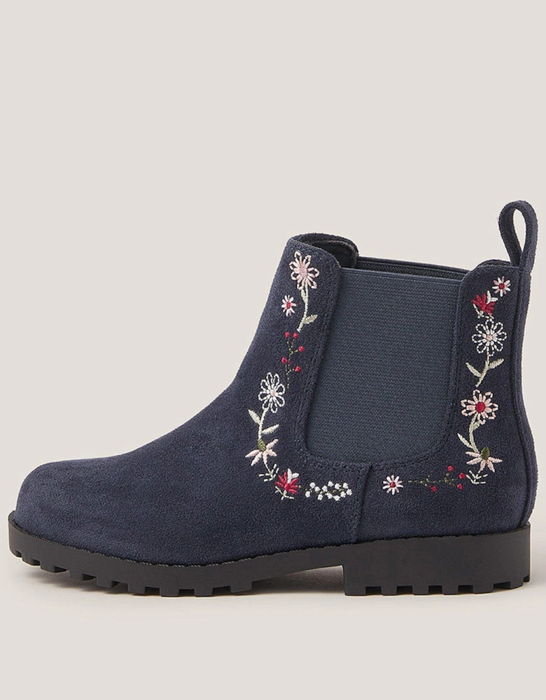 Girls Flower Embroidered Boots - Navy