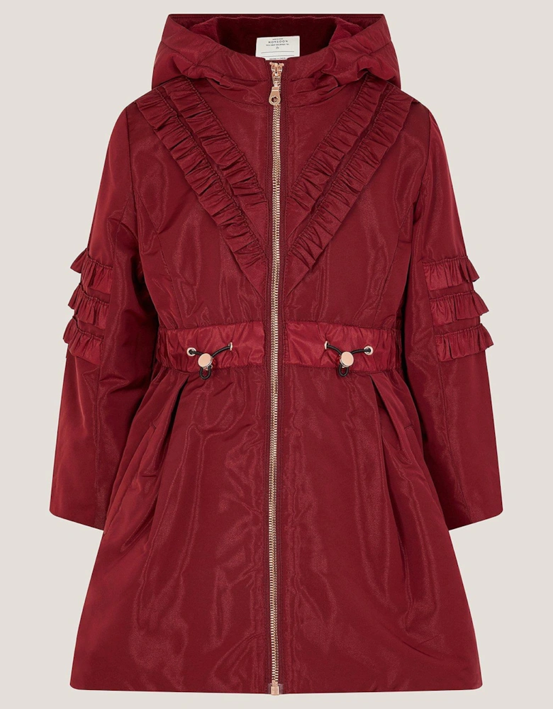 Girls Lightweight Ruffle Trim Raincoat - Dark Red
