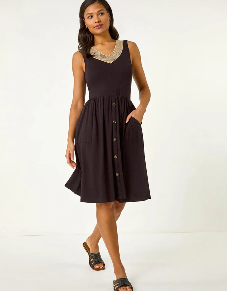 Contrast V-neck Stretch Midi Dress - Black