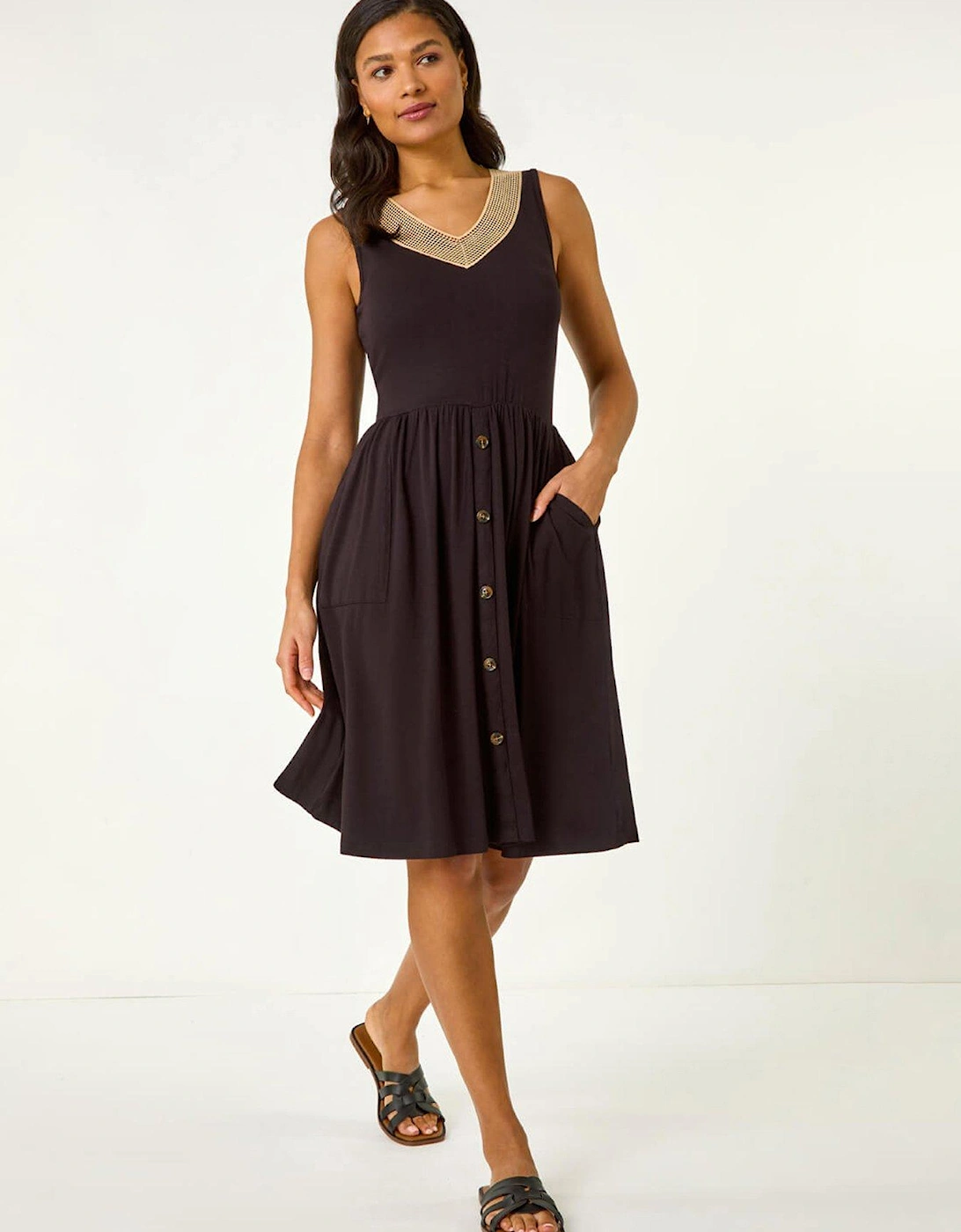 Contrast V-neck Stretch Midi Dress - Black, 2 of 1