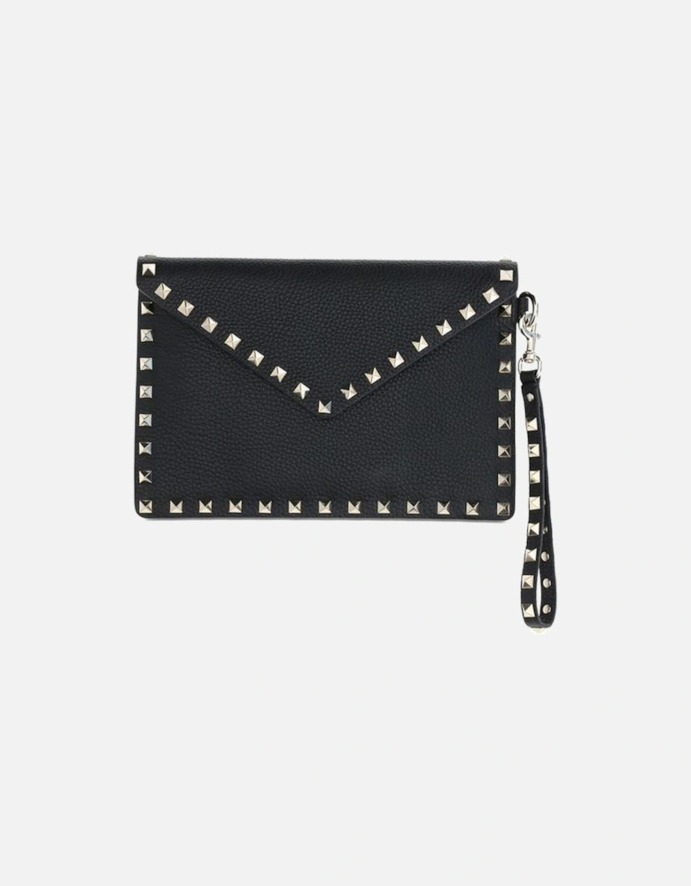 Leather Rockstud Flat Pouch with Wrist Strap Women - Black