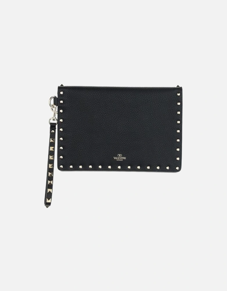 Leather Rockstud Flat Pouch with Wrist Strap Women - Black