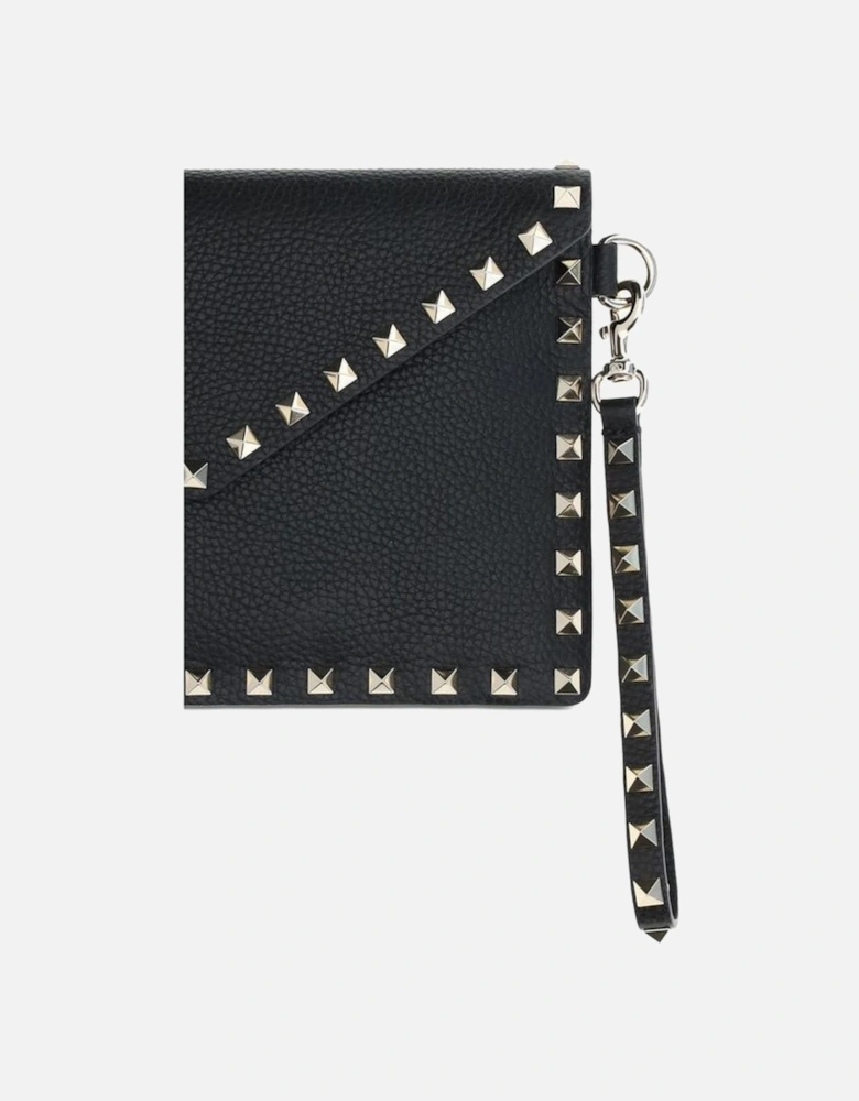 Leather Rockstud Flat Pouch with Wrist Strap Women - Black