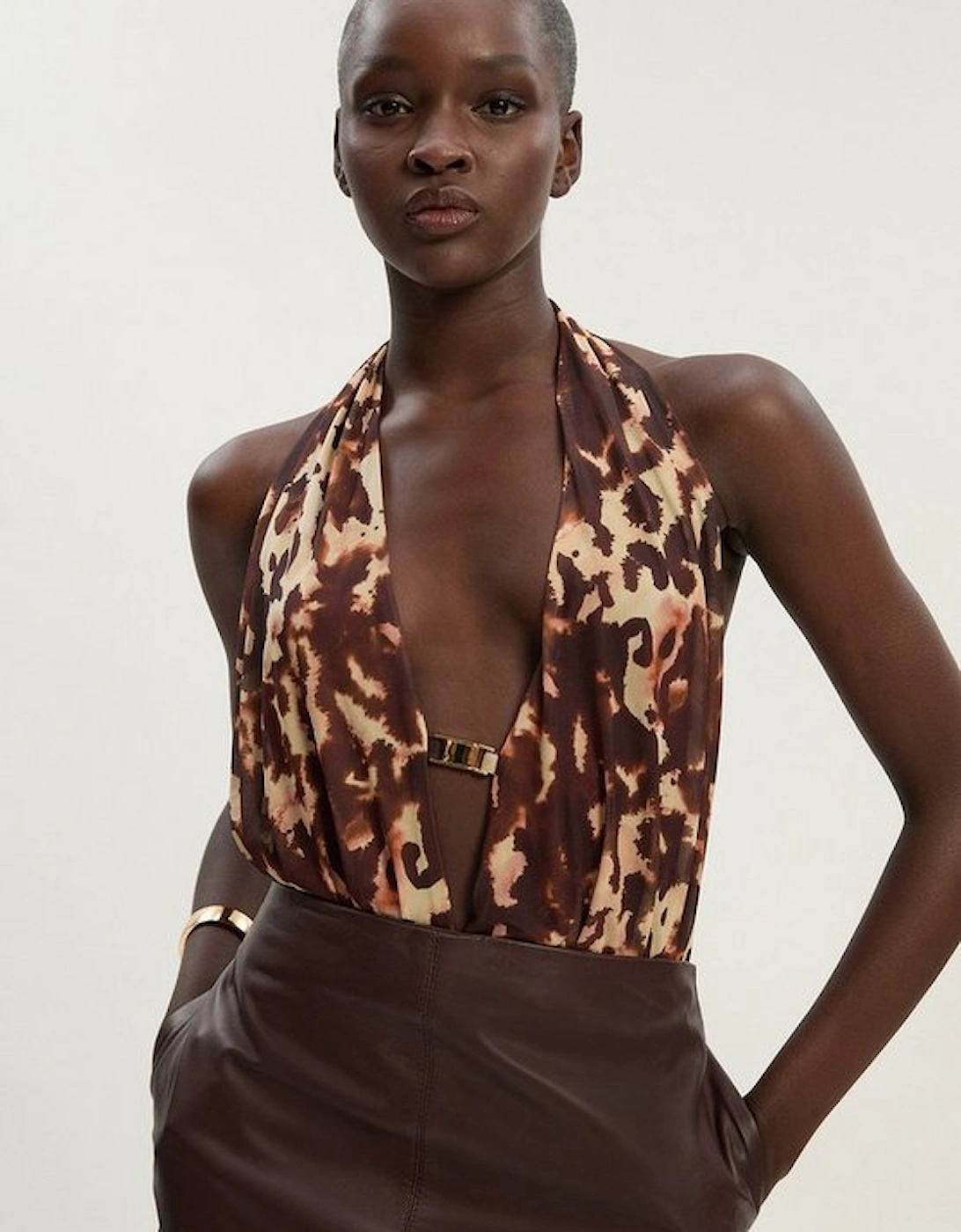 Petite Leopard Print Plunge Halter Neck Trim Detail Mesh Bodysuit, 2 of 1