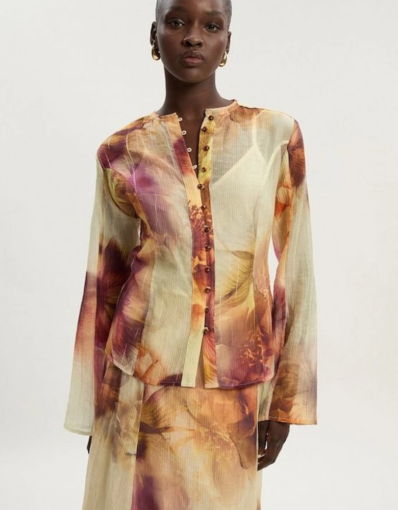 Floral Print Crinkle Georgette Button Detail Woven Blouse