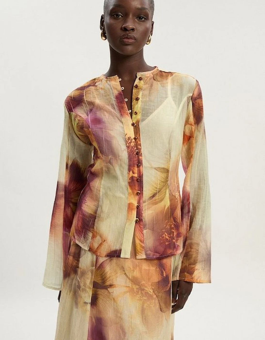 Floral Print Crinkle Georgette Button Detail Woven Blouse, 2 of 1