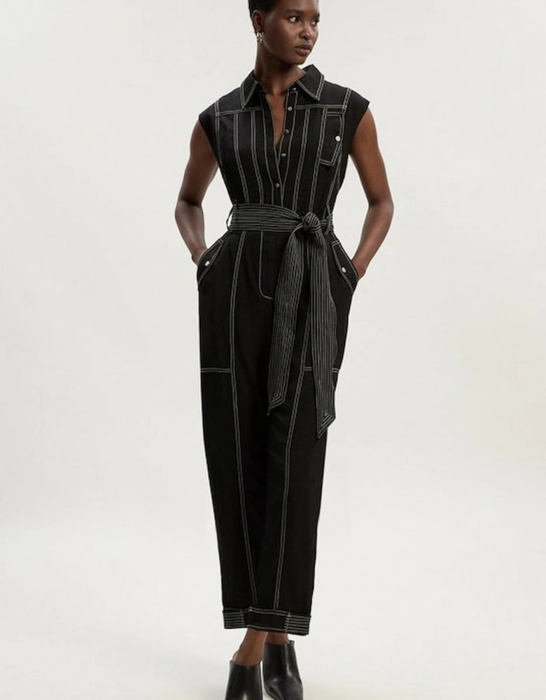 Tall Premium Linen Twill Topstitch Woven Jumpsuit