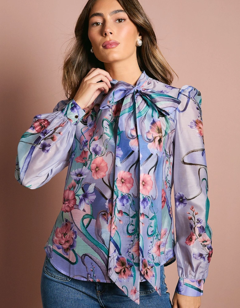 Long Sleeve Placement Print Chiffon Blouse