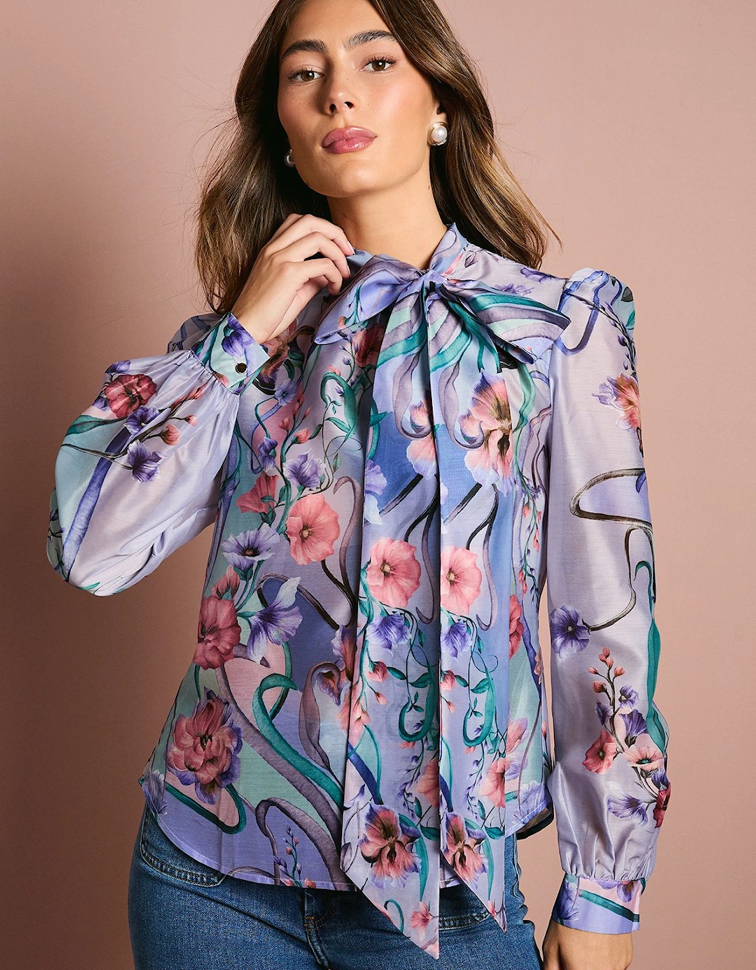 Long Sleeve Placement Print Chiffon Blouse, 2 of 1
