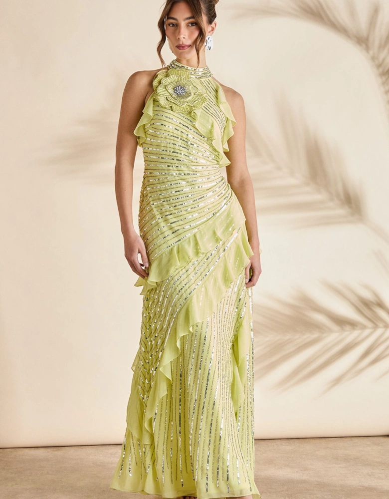Embellished Corsage Sequin Frill Maxi Dress
