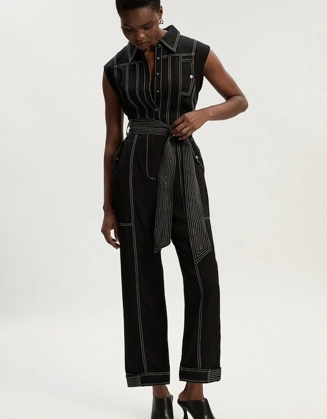 Premium Linen Twill Topstitch Woven Jumpsuit, 2 of 1