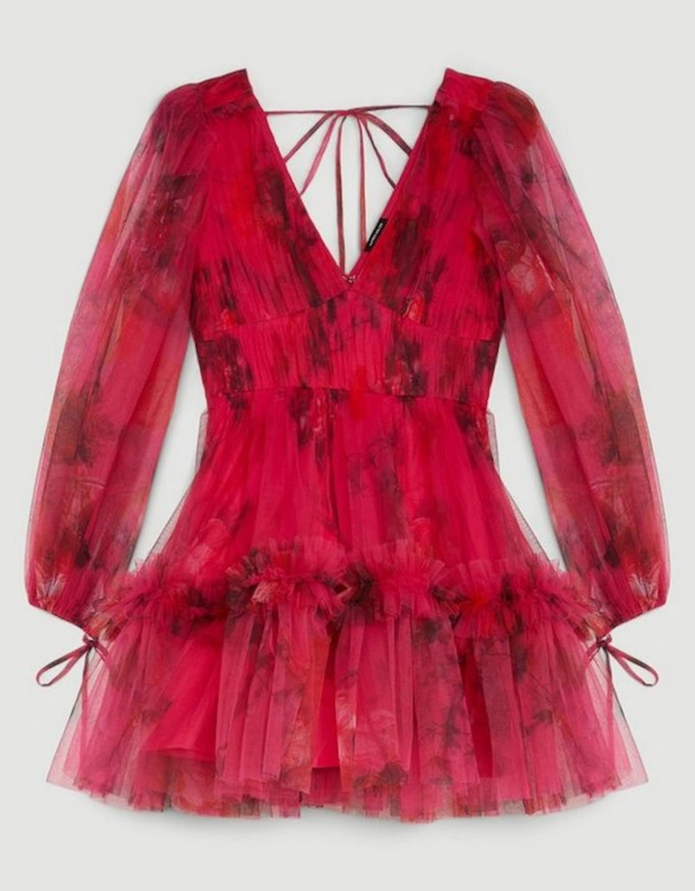 Floral Tulle Plunge Woven Mini Dress