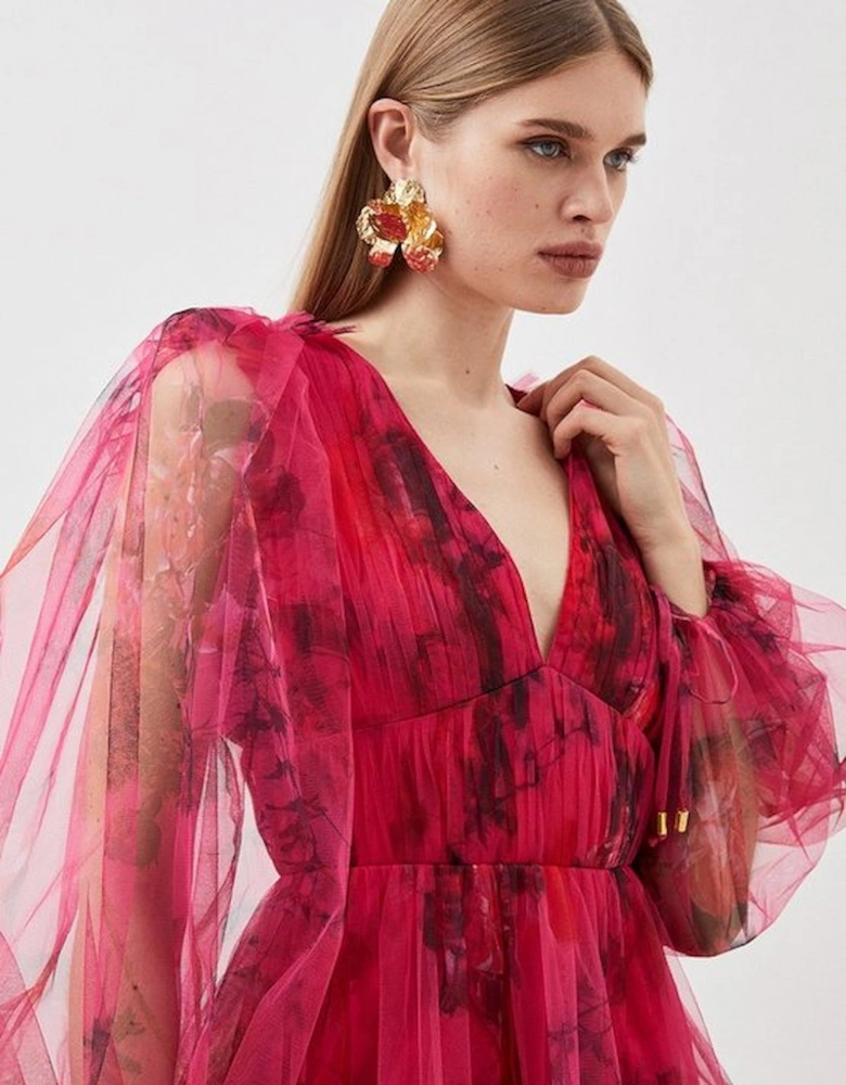 Floral Tulle Plunge Woven Mini Dress