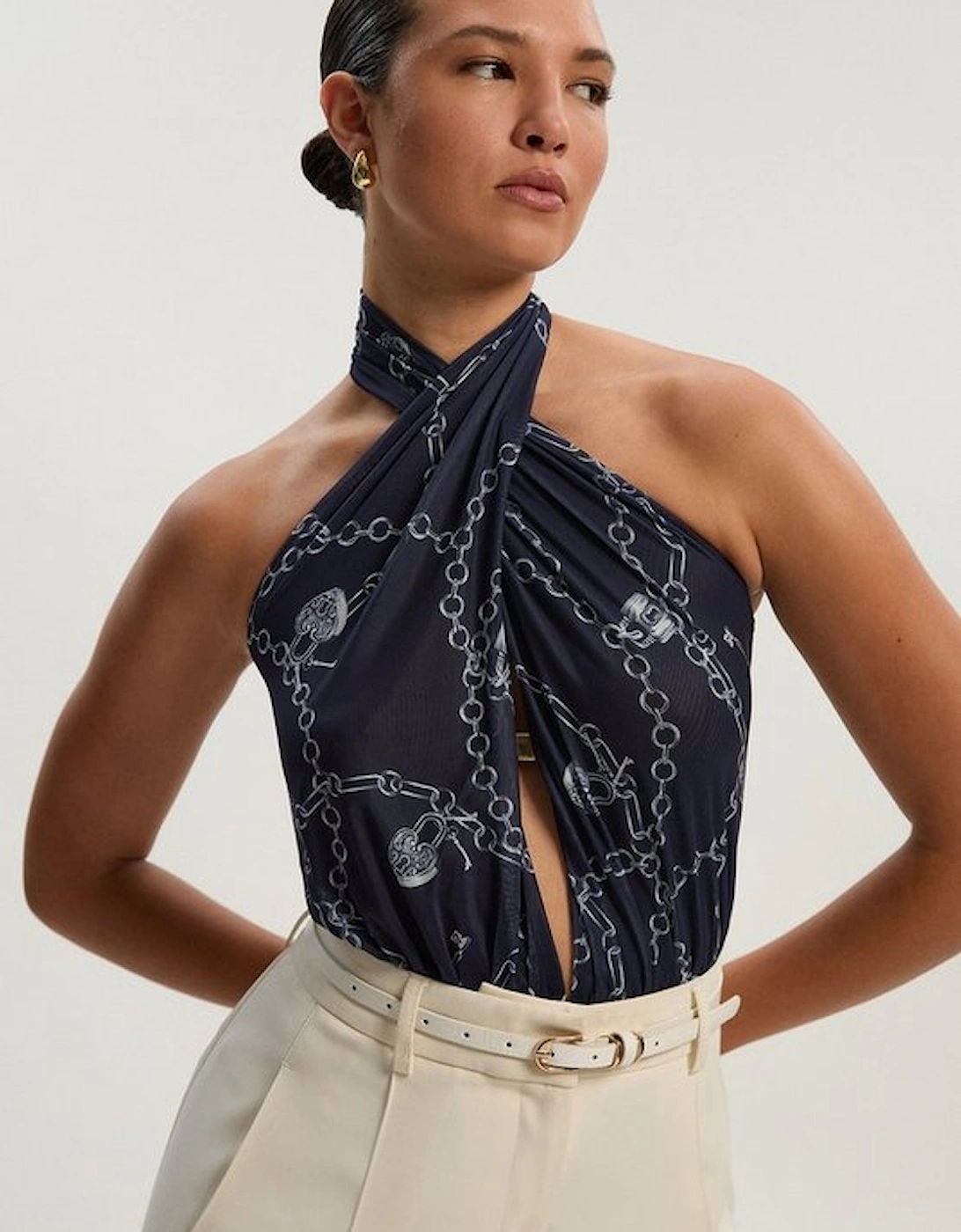 Chain Print Plunge Halter Neck Trim Detail Mesh Bodysuit, 2 of 1