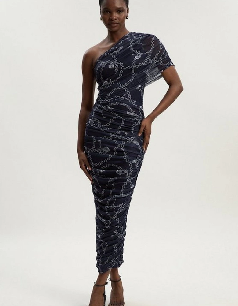 Petite Chain Print Mesh One Shoulder Midi Dress