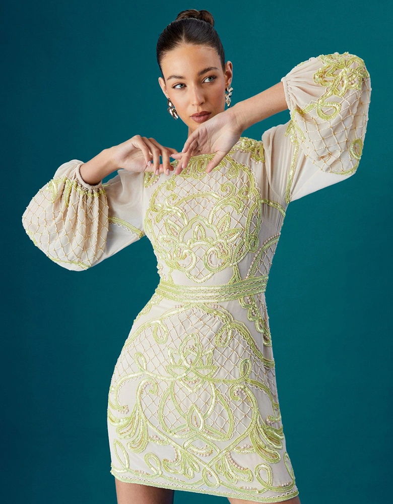 Muse Chiffon Embellished Mini Dress With Blouson Sleeves