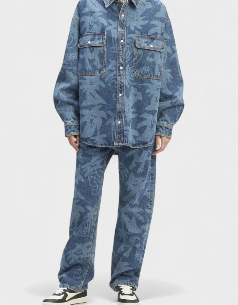 Palmity Laser Print Denim Shirt Light Blue