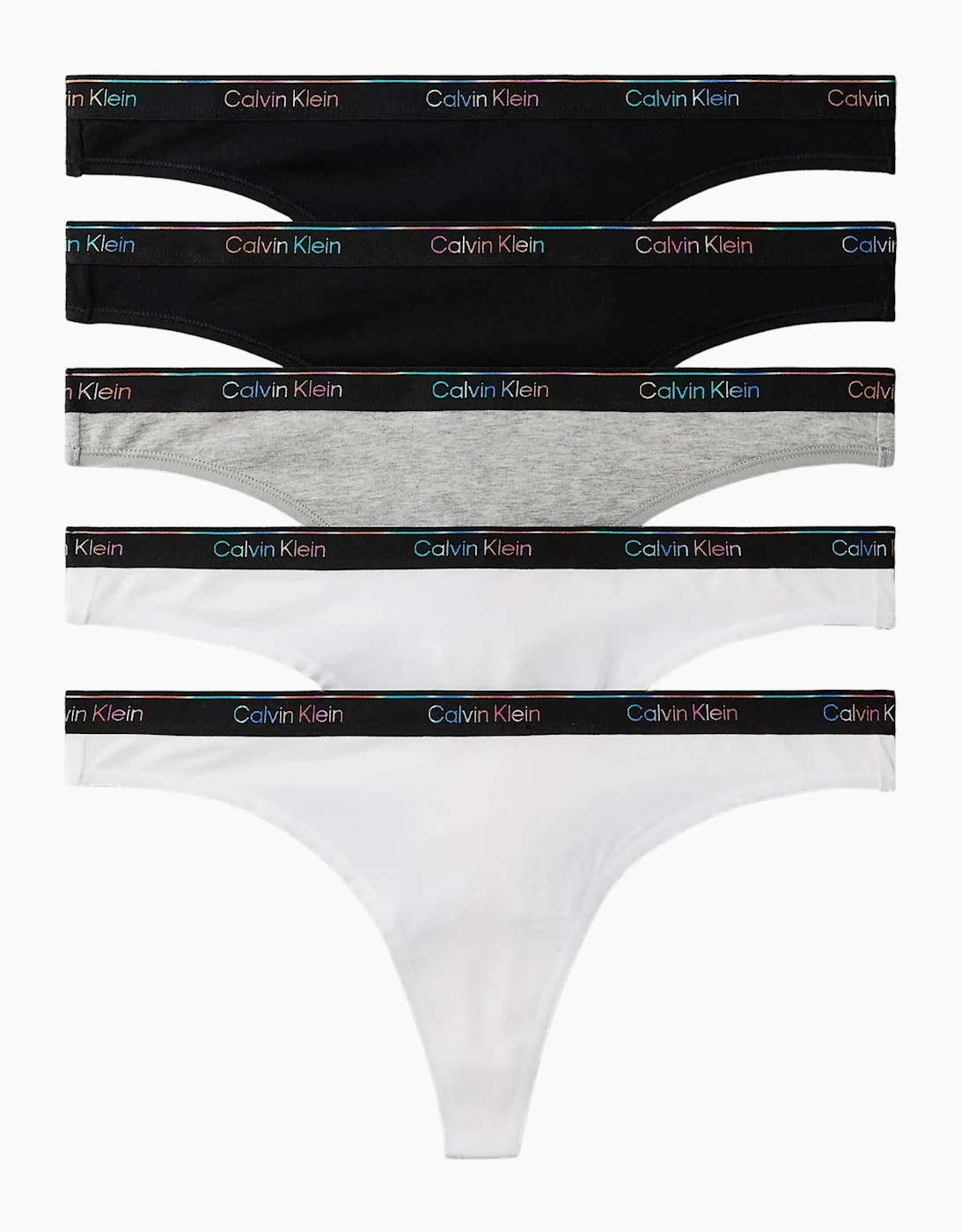 Calvin Klein Women's 5-Pack Icon Logo Thongs, Black/White/grey with Pride Waistband - Size: 14