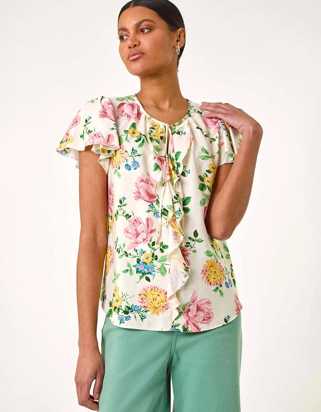Floral Tie Front Frill Top - Light Pink, 2 of 1