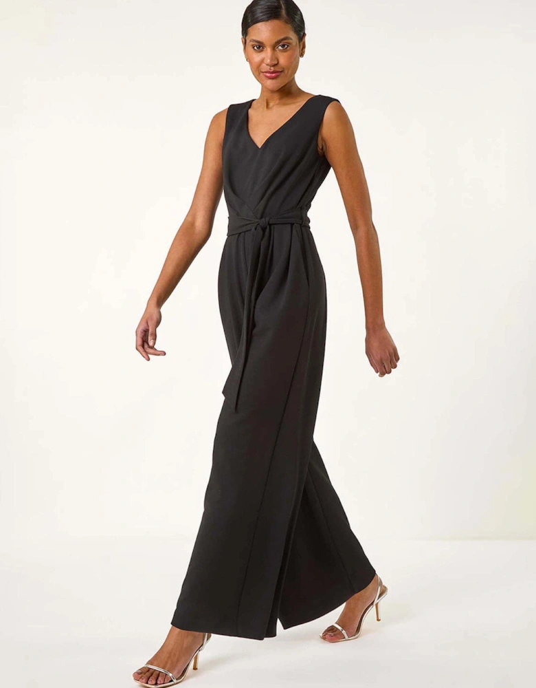 Pleated Wide Leg Stretch Jumpsuit - Black