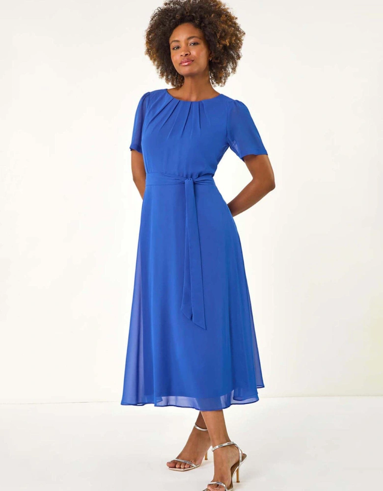 Pleat Chiffon Belted Midi Dress - Blue