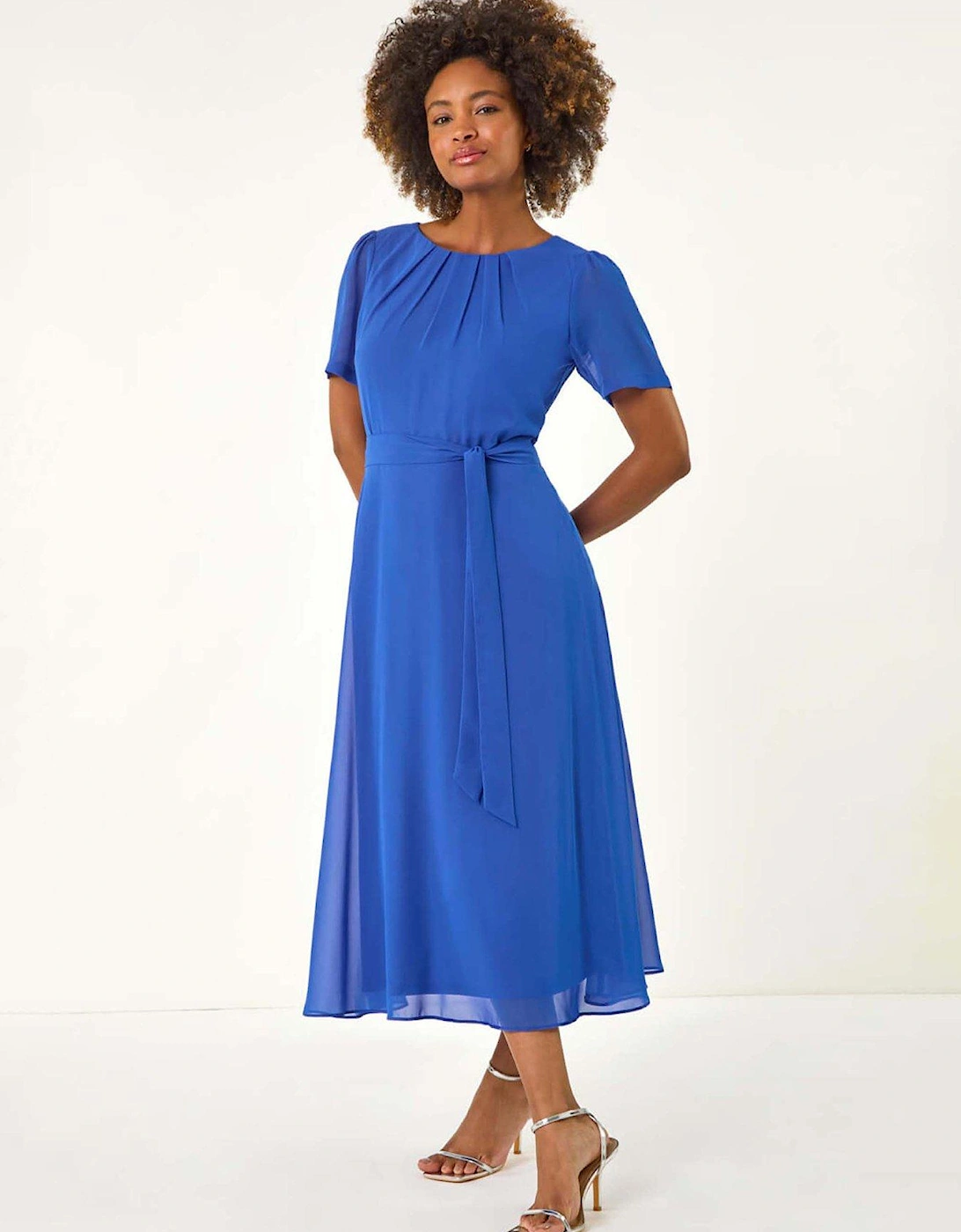Pleat Chiffon Belted Midi Dress - Blue, 2 of 1