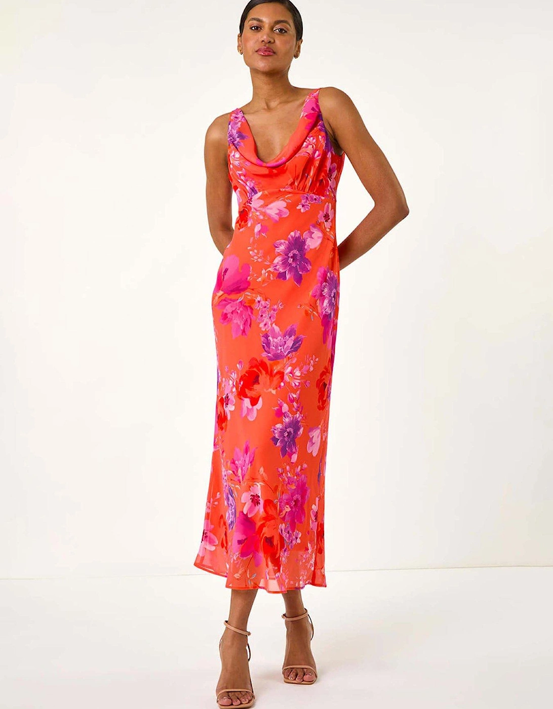 Floral Cowl Neck Midi Dress - Orange, 2 of 1