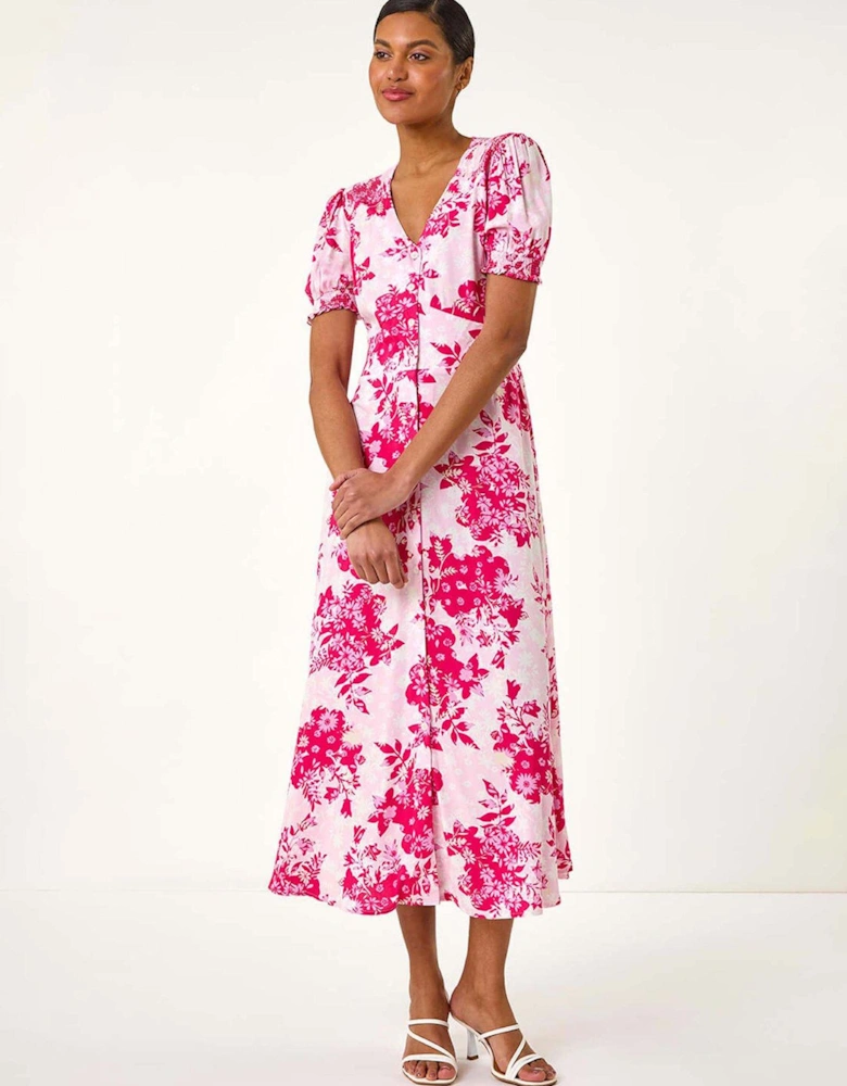 Floral Print Button Through Midi Dress - Pink