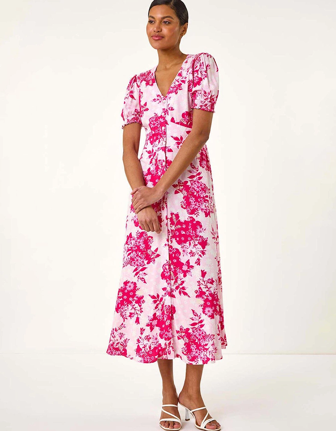Floral Print Button Through Midi Dress - Pink, 2 of 1