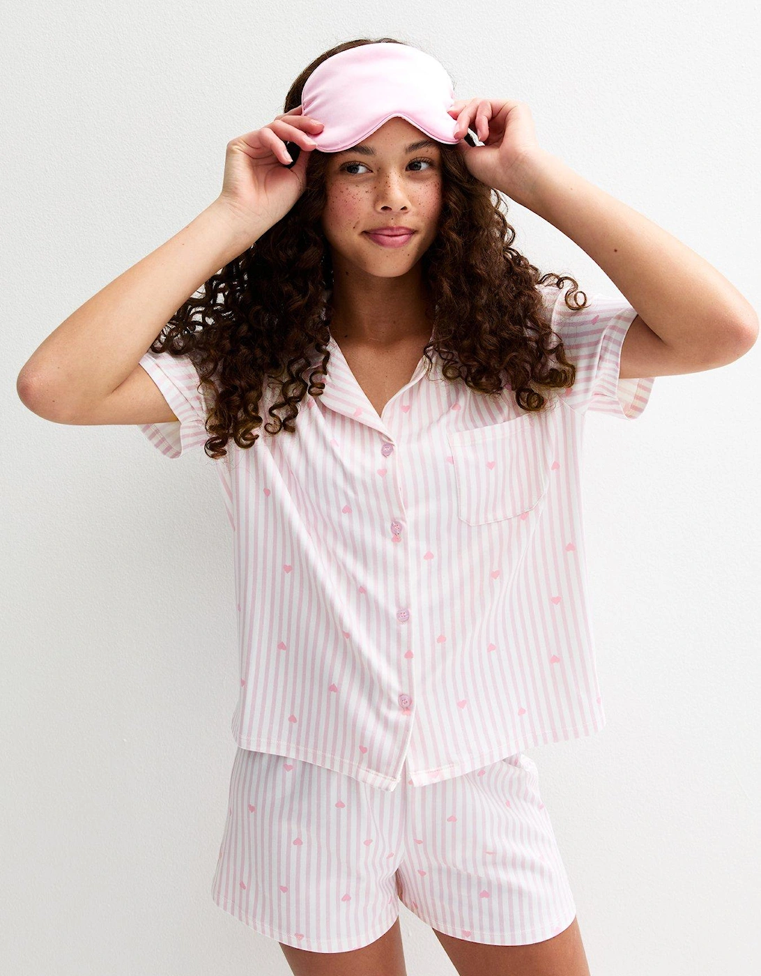 Girls Striped Heart Print Short Pyjama Set - Pink, 2 of 1
