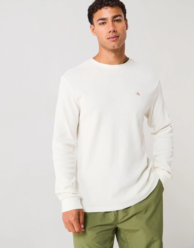 Left Chest Woven Badge Waffle Long Sleeve T-Shirt - Off White