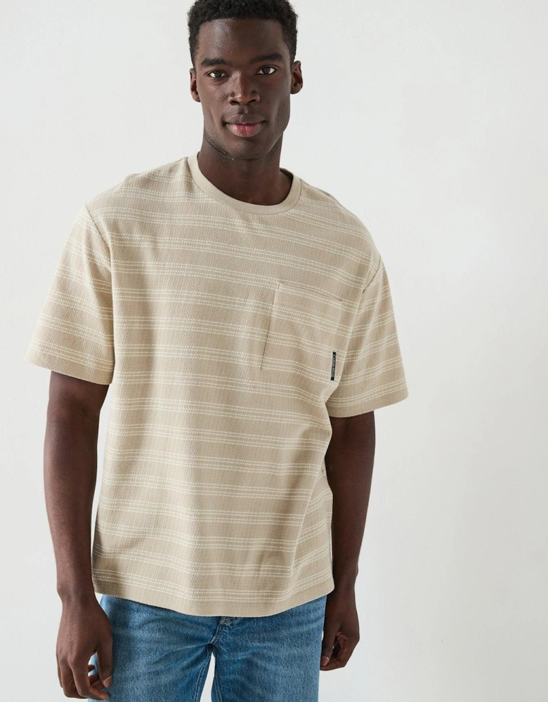 Short Sleeve Stripe Jacquard Relaxed Fit Pocket T-Shirt - Beige