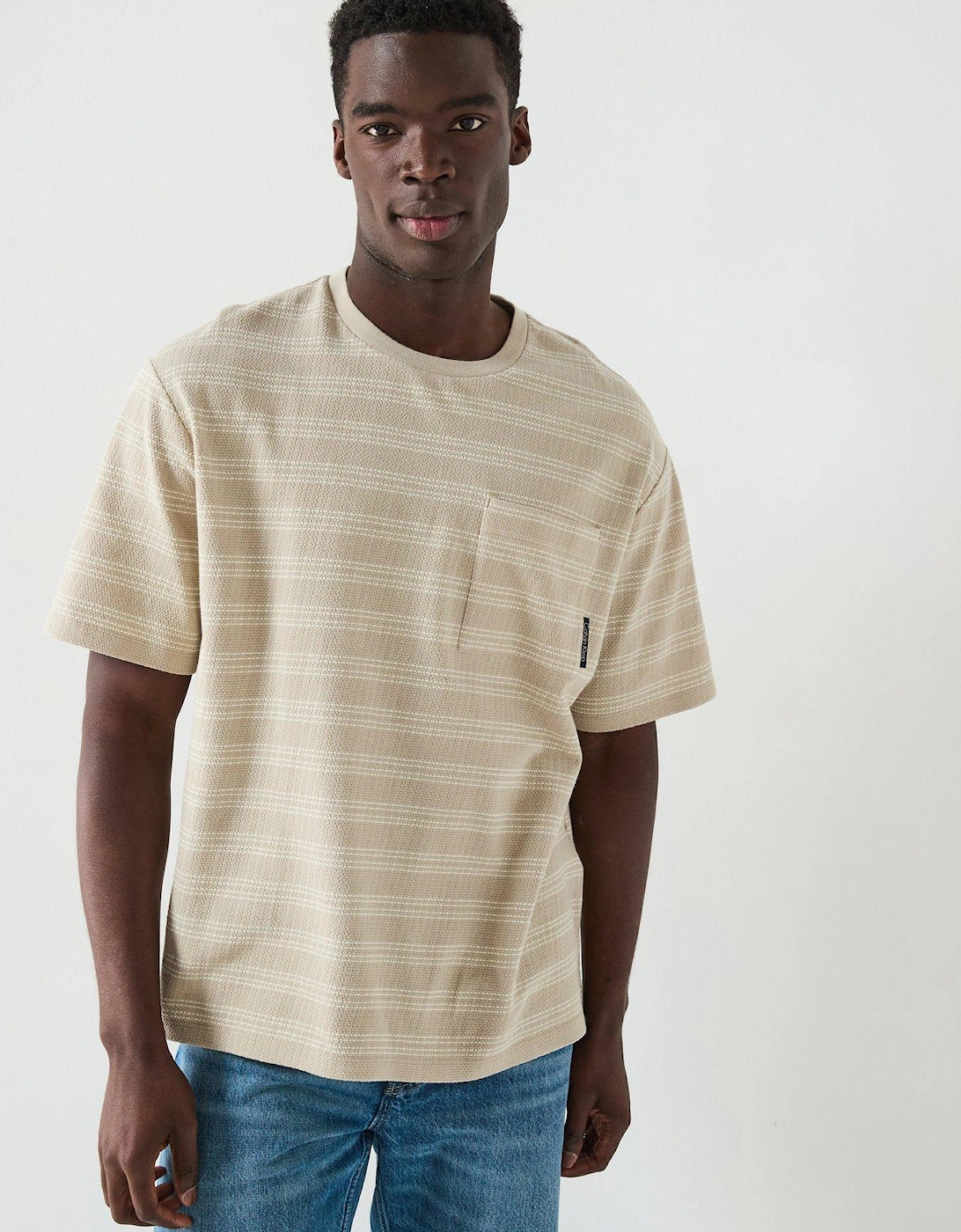 Short Sleeve Stripe Jacquard Relaxed Fit Pocket T-Shirt - Beige, 2 of 1