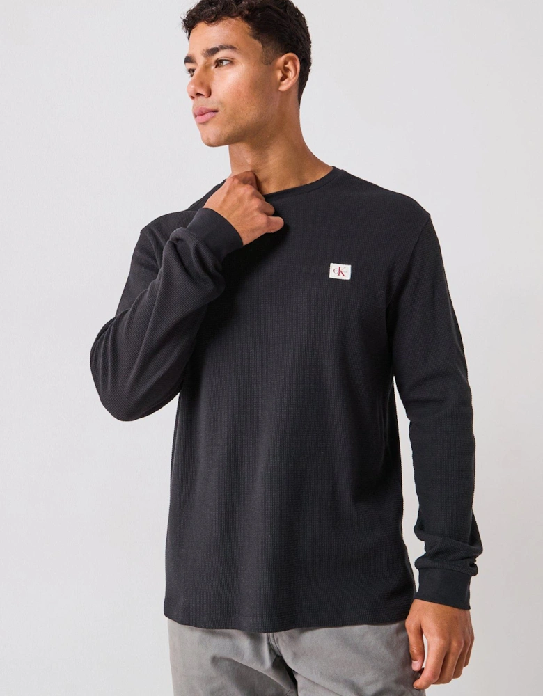 Left Chest Woven Badge Waffle Long Sleeve T-Shirt - Black