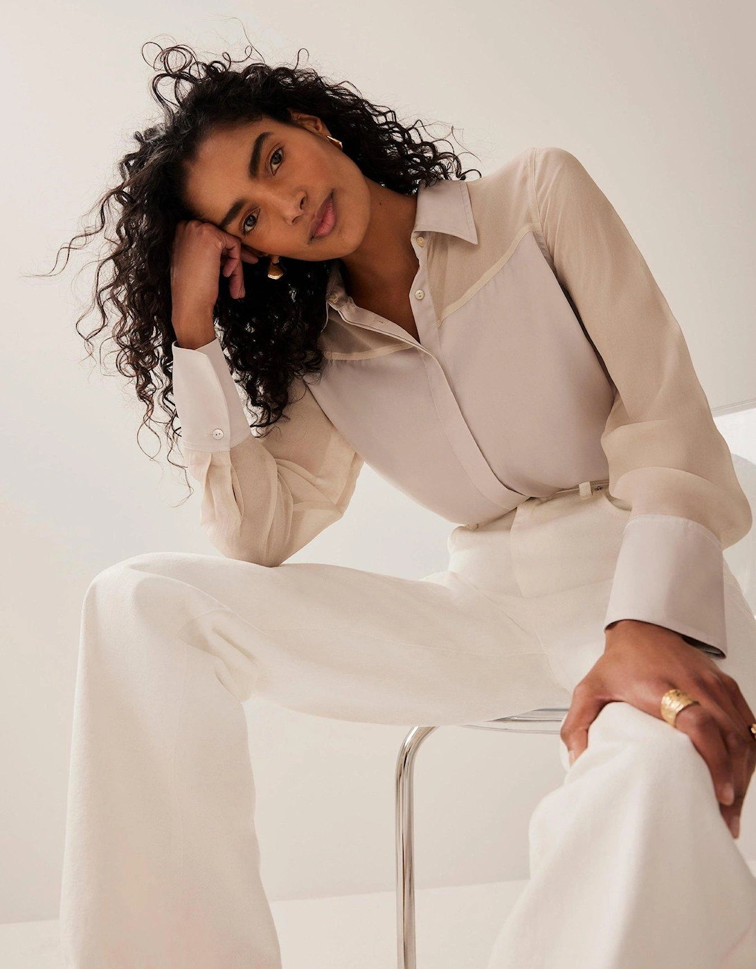 Neutral Blocked Satin Shirt - Beige, 2 of 1