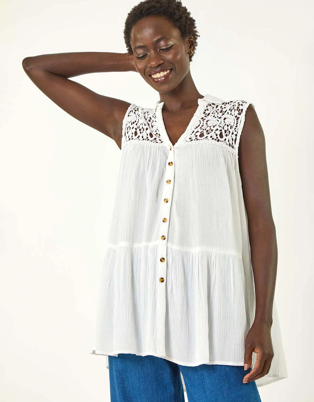 Lace Yoke Tiered Panel Blouse - Ivory, 2 of 1