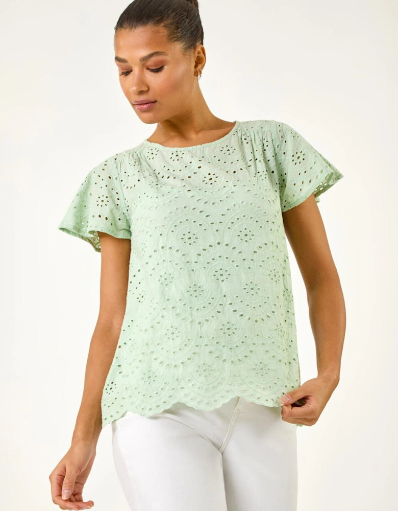 Broderie Short Sleeve Top - Green