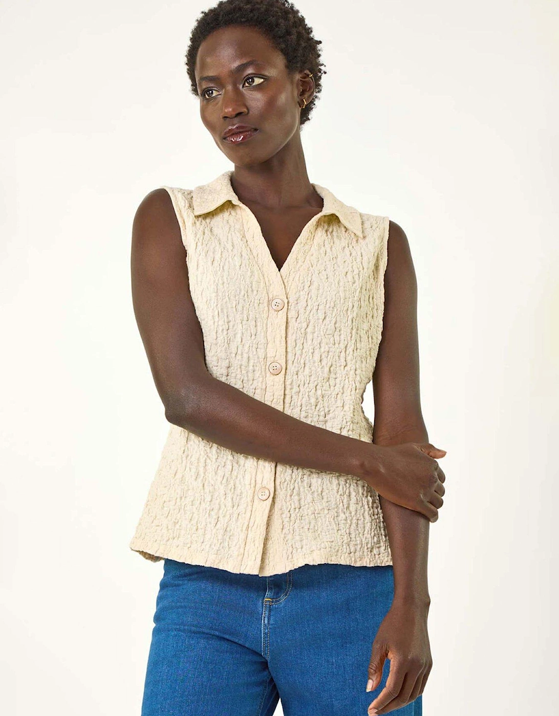 Textured Sleeveless Buttoned Blouse - Ivory, 2 of 1