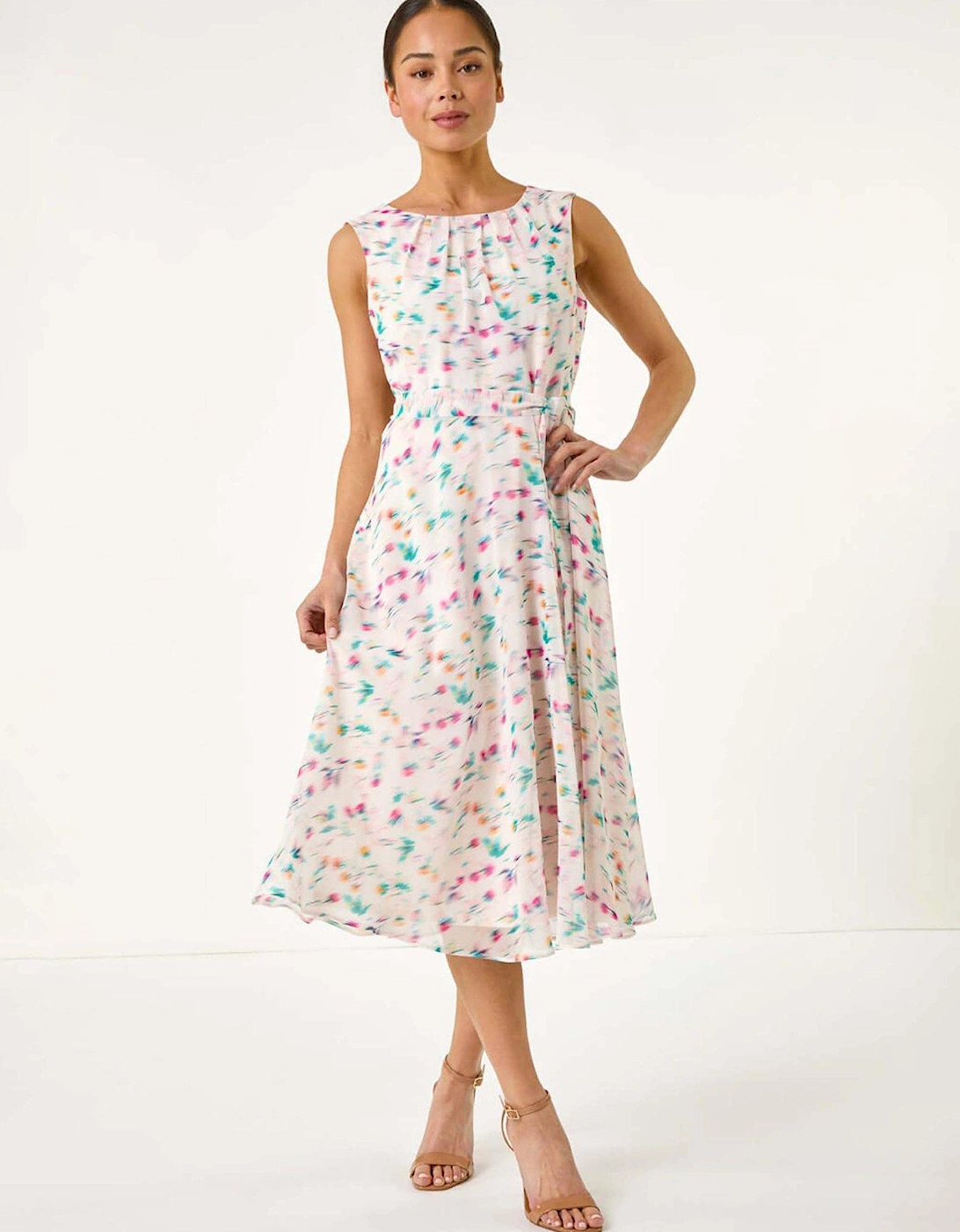 Petite Abstract Print Pleated Midi Dress - Ivory, 2 of 1