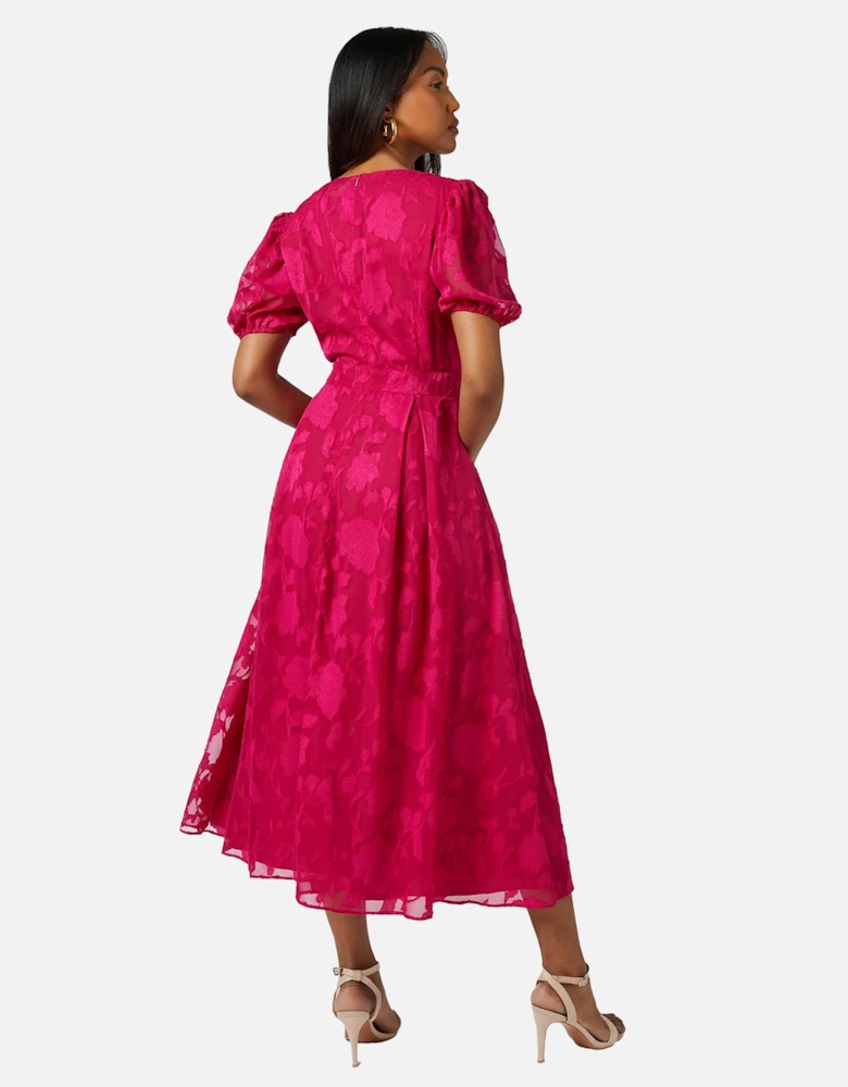 Womens/Ladies Floral Jacquard Puff Sleeve Midi Dress