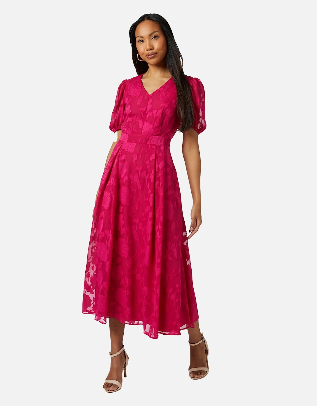 Womens/Ladies Floral Jacquard Puff Sleeve Midi Dress, 6 of 5