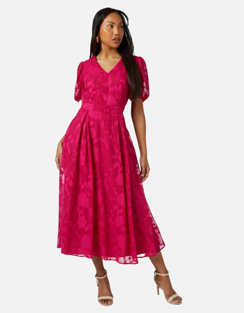 Womens/Ladies Floral Jacquard Puff Sleeve Midi Dress