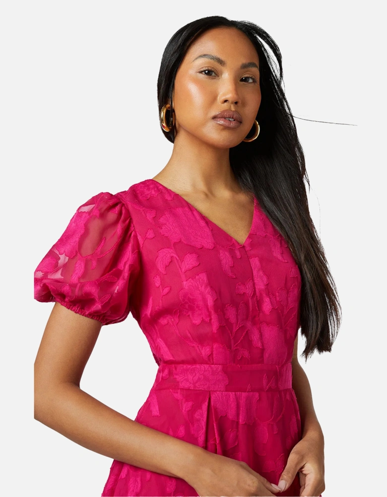 Womens/Ladies Floral Jacquard Puff Sleeve Midi Dress