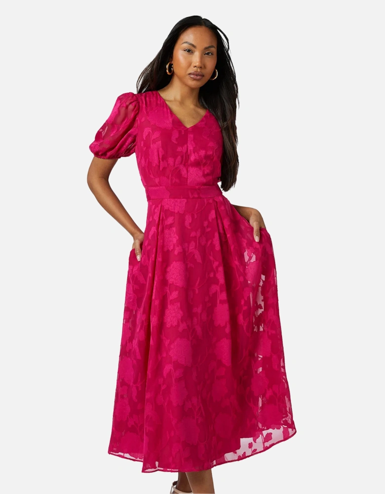 Womens/Ladies Floral Jacquard Puff Sleeve Midi Dress